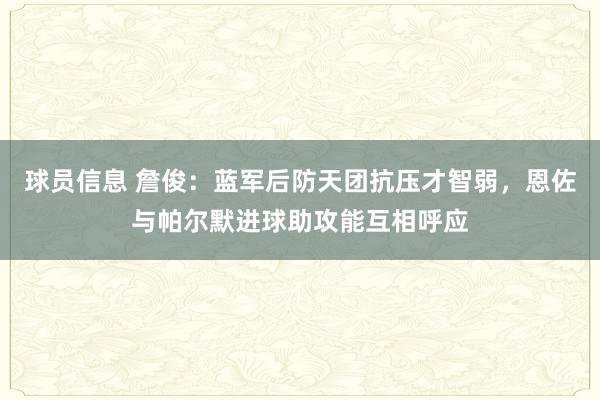 球员信息 詹俊：蓝军后防天团抗压才智弱，恩佐与帕尔默进球助攻能互相呼应